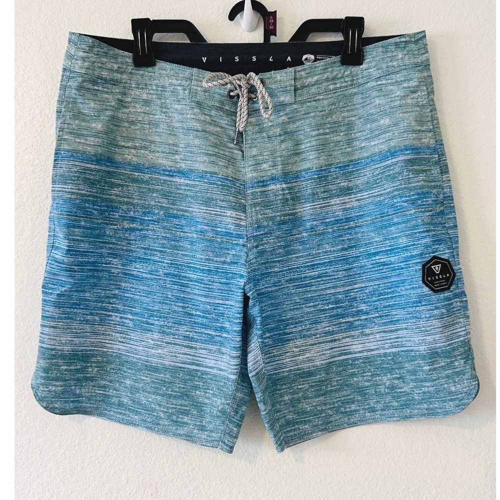 Vissla Beach Surfer Blue Green Striped Upcycled Coconut Board Shorts Size 36